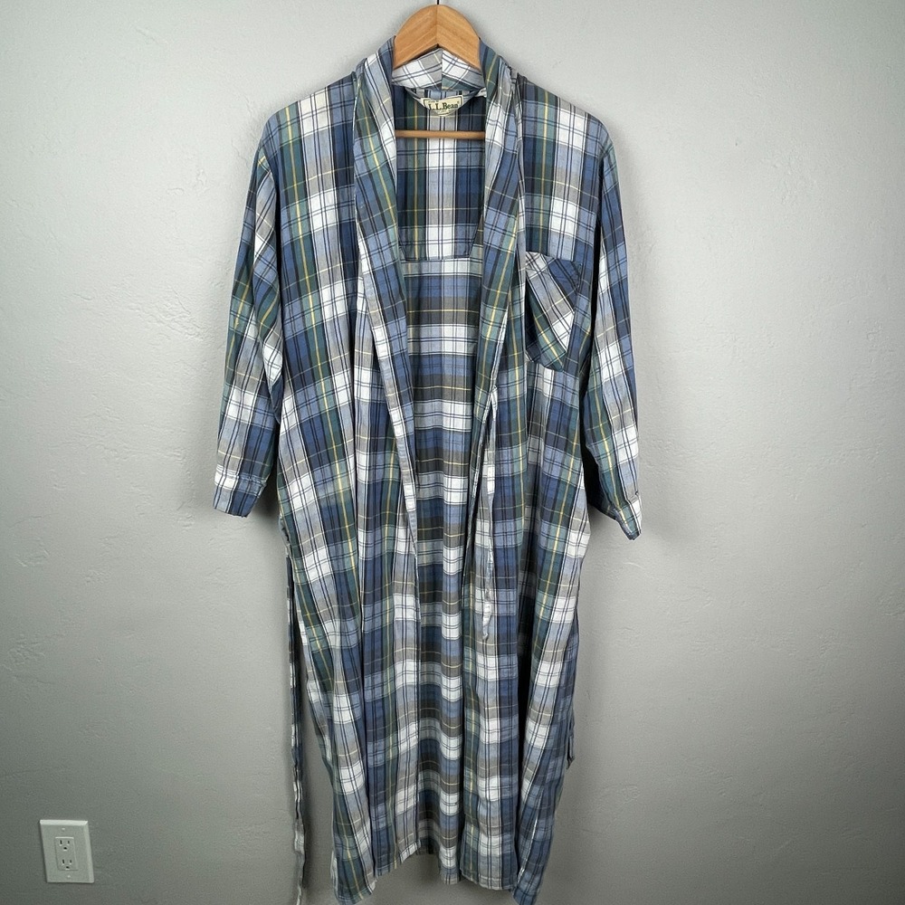 Vintage L.L. Bean Robe Plaid Cotton Belted Tie Waist Flannel Bath Made in USA